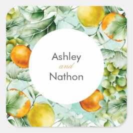 Pegatina Cuadrada Elegante Boda de verano floral y acuarela de fruta