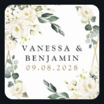 Pegatina Cuadrada Elegante Boda de Verdor Geométrico Floral Oro<br><div class="desc">El diseño presenta un elegante marco geométrico de color dorado impreso y decorado con flores acuarelas en tonos neutros, como blanco, marfil, champán y más. Los elementos florales consisten en rosas, peonías, hidrangea y aliento del bebé. Esta plantilla moderna también incluye vegetación, eucaliptos, elementos de hoja y mucho más para...</div>