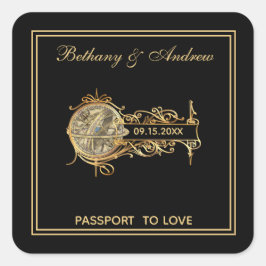 Pegatina Cuadrada Elegante Boda de Viajes de Black Gold Vintage