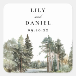 Pegatina Cuadrada Elegante Boda del bosque de bosques del lago acuát