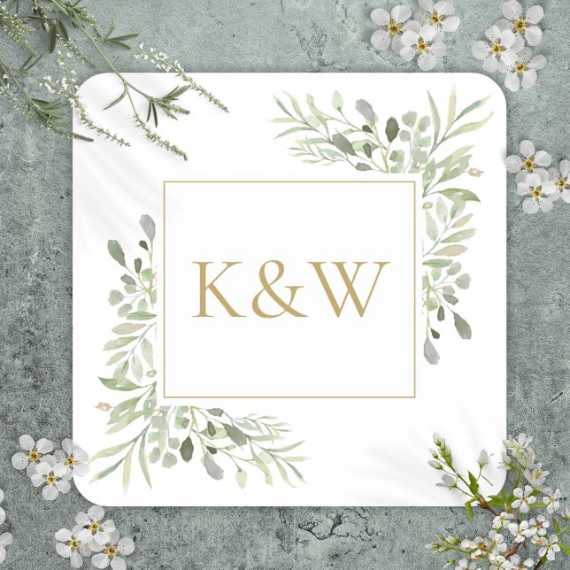 Pegatina Cuadrada Elegante Boda del follaje de monograma dorado (Elegant Gold Monogram Greenery Foliage Wedding Square Sticker)