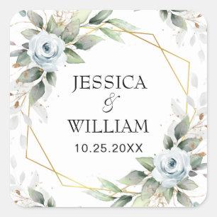 Pegatina Cuadrada Elegante Boda Dusty Blue Floral Greeneration