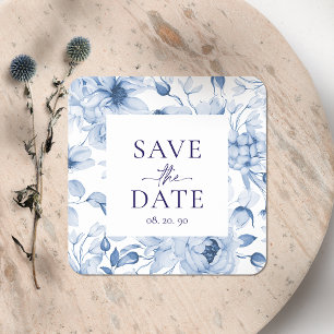 Pegatina Cuadrada Elegante Boda floral azul "Save the Date"