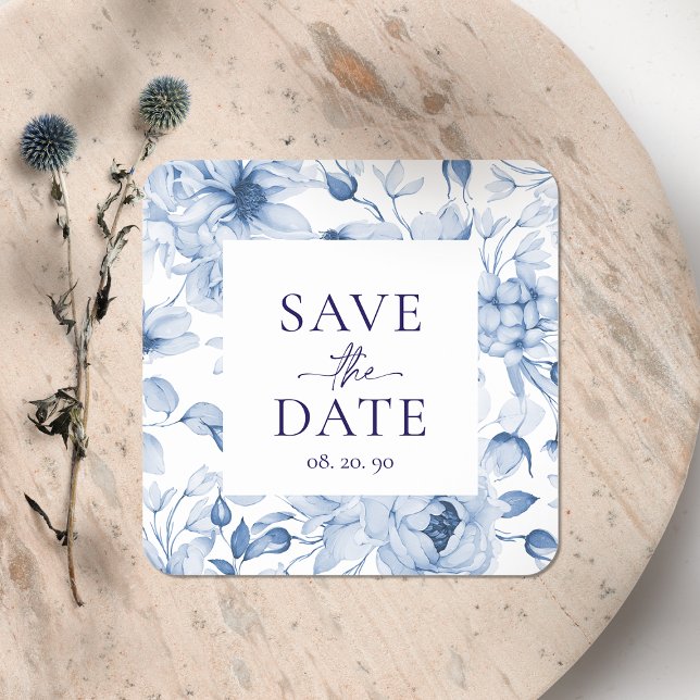 Pegatina Cuadrada Elegante Boda floral azul "Save the Date" (Subido por el creador)