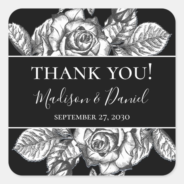 Pegatina Cuadrada Elegante Boda floral blanco negro gracias (Anverso)
