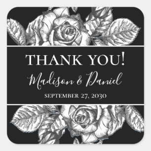 Pegatina Cuadrada Elegante Boda floral blanco negro gracias