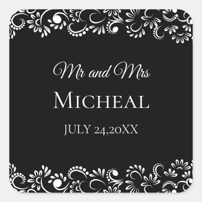 Pegatina Cuadrada Elegante boda floral blanco y negro (Anverso)
