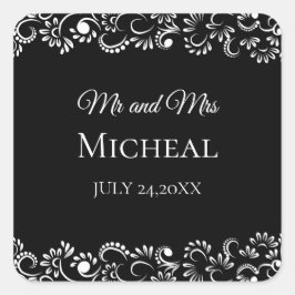 Pegatina Cuadrada Elegante boda floral blanco y negro