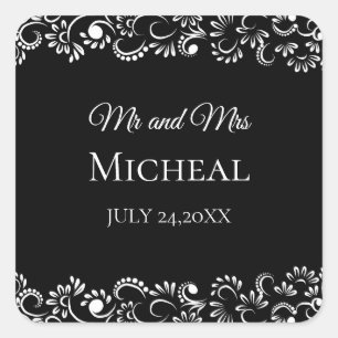 Pegatina Cuadrada Elegante boda floral blanco y negro