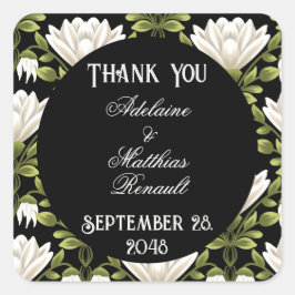 Pegatina Cuadrada Elegante Boda floral blanco y negro: caligrafía
