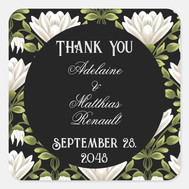 Pegatina Cuadrada Elegante Boda floral blanco y negro: caligrafía (Anverso)