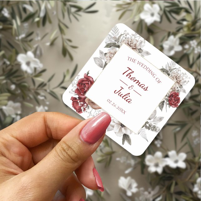 Pegatina Cuadrada Elegante Boda floral Borgoña y Plata (Elegant Floral Wedding Burgundy & Silver Square Sticker)