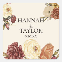 Pegatina Cuadrada Elegante Boda floral de acuarela de otoño