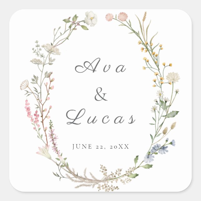 Pegatina Cuadrada Elegante Boda floral de flores silvestres vegetaci (Anverso)