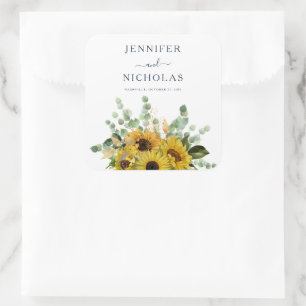 Pegatina Cuadrada Elegante boda floral de girasoles Navy