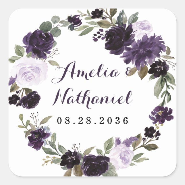 Pegatina Cuadrada Elegante Boda Floral de hojas verdes moradas y dor (Anverso)