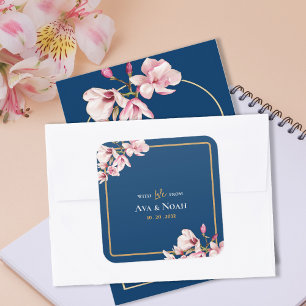 Pegatina Cuadrada Elegante Boda Floral de Magnolia Rosa Beige Azul M