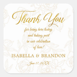 Pegatina Cuadrada Elegante Boda floral de oro gracias