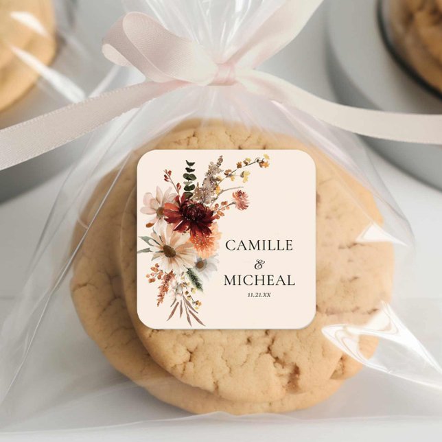 Pegatina Cuadrada Elegante Boda floral de otoño (Boho Floral Wedding Favor Sticker)