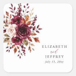 Pegatina Cuadrada Elegante Boda Floral de Otoño Boho Burgundy