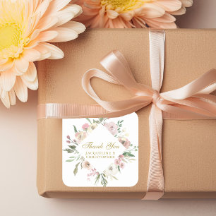 Pegatina Cuadrada Elegante Boda Floral Gold Script Gracias
