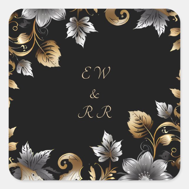 Pegatina Cuadrada Elegante Boda floral negro y dorado (Anverso)