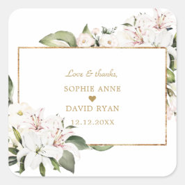 Pegatina Cuadrada Elegante Boda Imperial Blanco Lilies Gold
