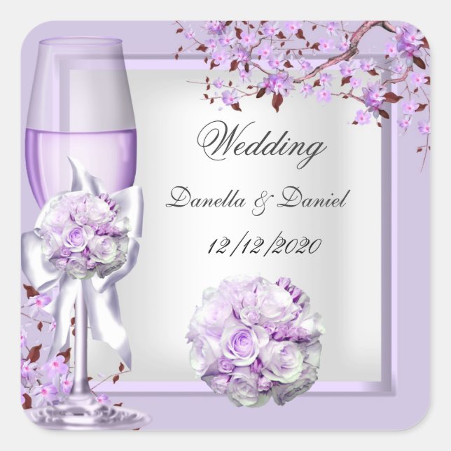 Pegatina Cuadrada Elegante Boda Lavanda Púrpura Lilac 4 (Anverso)