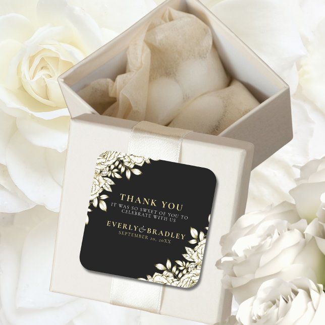Pegatina Cuadrada Elegante Boda Mínimo de Oro Blanco Negro Floral (Subido por el creador)