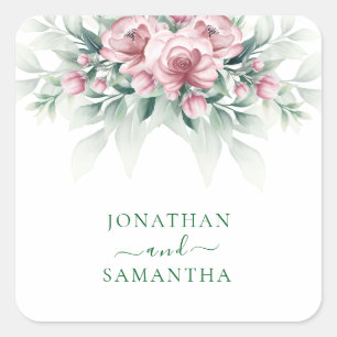 Pegatina Cuadrada Elegante boda moderna rosa verde 