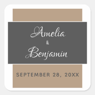 Pegatina Cuadrada Elegante Boda moderno de tipografía gris beige