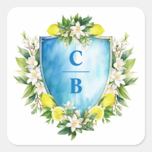 Pegatina Cuadrada Elegante Boda Monograma Escudo Floral Floral Azul