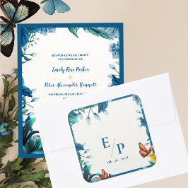 Pegatina Cuadrada Elegante Boda Monograma Mariposa Botánica Azul