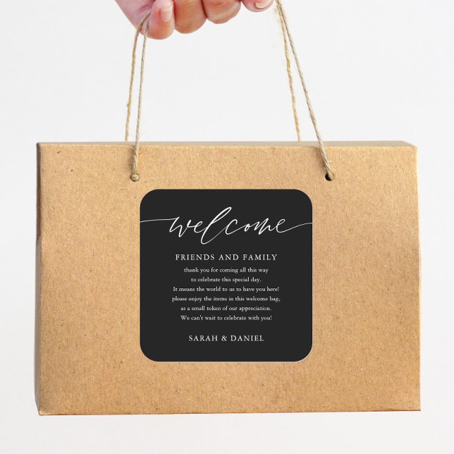 Pegatina Cuadrada Elegante Boda negro bienvenida cesta de bolsitas d (Subido por el creador)