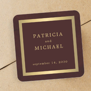 Pegatina Cuadrada Elegante boda personalizada de oro burgundy profun