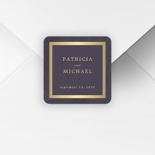 Pegatina Cuadrada Elegante boda personalizada de oro morado oscuro