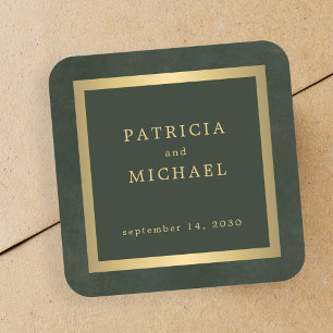 Pegatina Cuadrada Elegante boda personalizado de oro verde oscuro