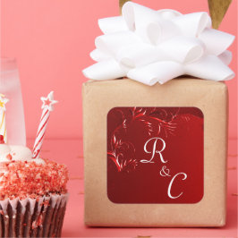Pegatina Cuadrada Elegante Boda Rojo Monogramado