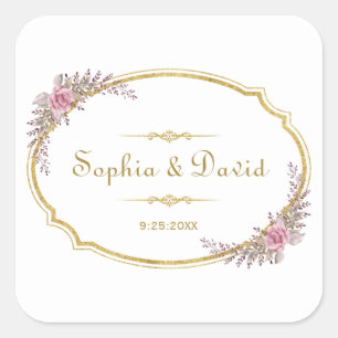 Pegatina Cuadrada Elegante Boda Rubor Floral Gold Frame