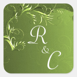 Pegatina Cuadrada Elegante Boda Verde de Chartreuse Monogramado