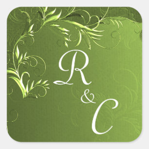 Pegatina Cuadrada Elegante Boda Verde de Chartreuse Monogramado