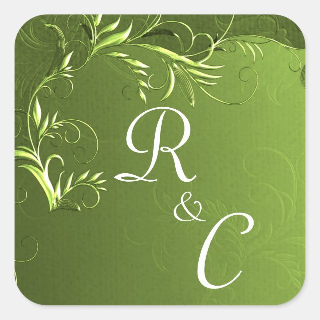 Pegatina Cuadrada Elegante Boda Verde de Chartreuse Monogramado (Anverso)