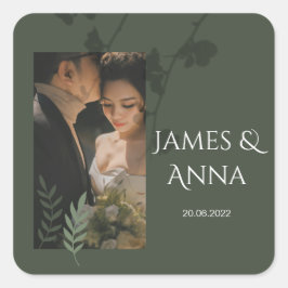 Pegatina Cuadrada Elegante boda verde oliva personalizable 