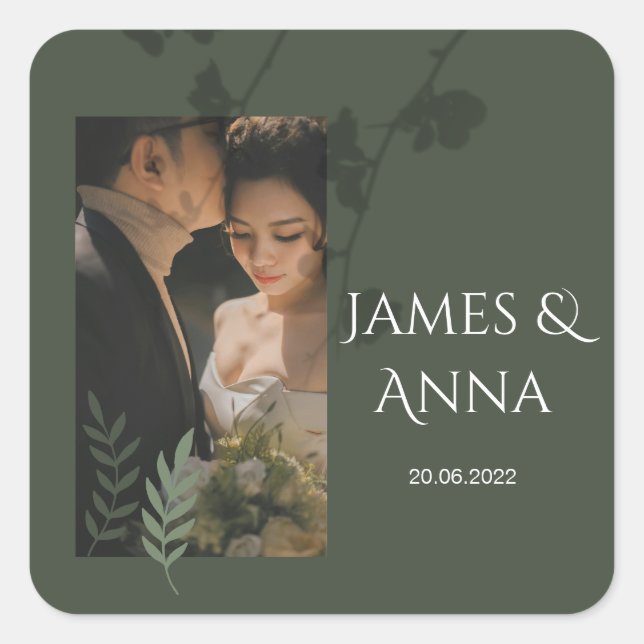 Pegatina Cuadrada Elegante boda verde oliva personalizable  (Anverso)