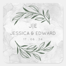 Pegatina Cuadrada Elegante Boda Verde Pareja Floral Acuarela