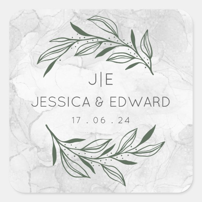 Pegatina Cuadrada Elegante Boda Verde Pareja Floral Acuarela (Anverso)