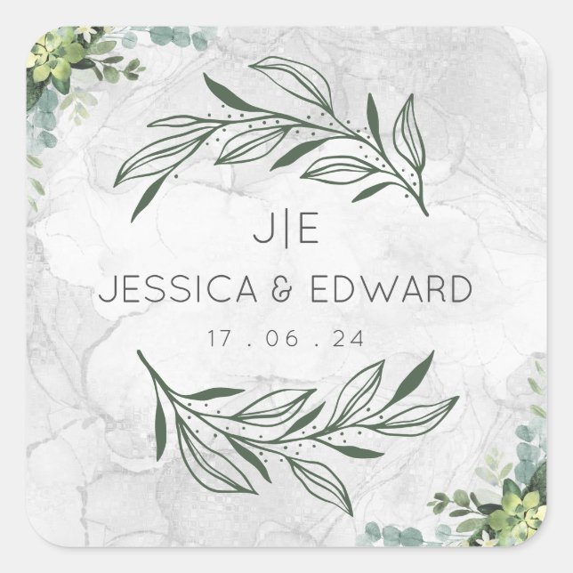 Pegatina Cuadrada Elegante Boda Verde Pareja Floral Acuarela (Anverso)