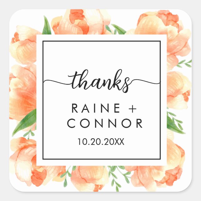 Pegatina Cuadrada Elegante Boho Floral Gracias Boda (Anverso)