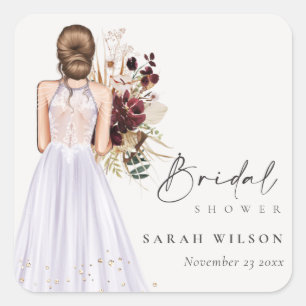 Pegatina Cuadrada Elegante Boho Lilac Boda Gown Bridal Shower