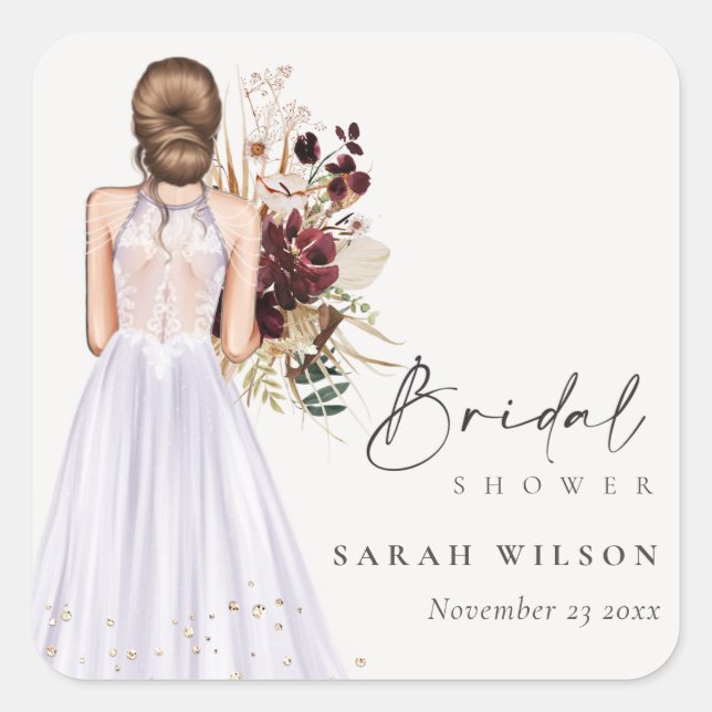 Pegatina Cuadrada Elegante Boho Lilac Boda Gown Bridal Shower (Anverso)